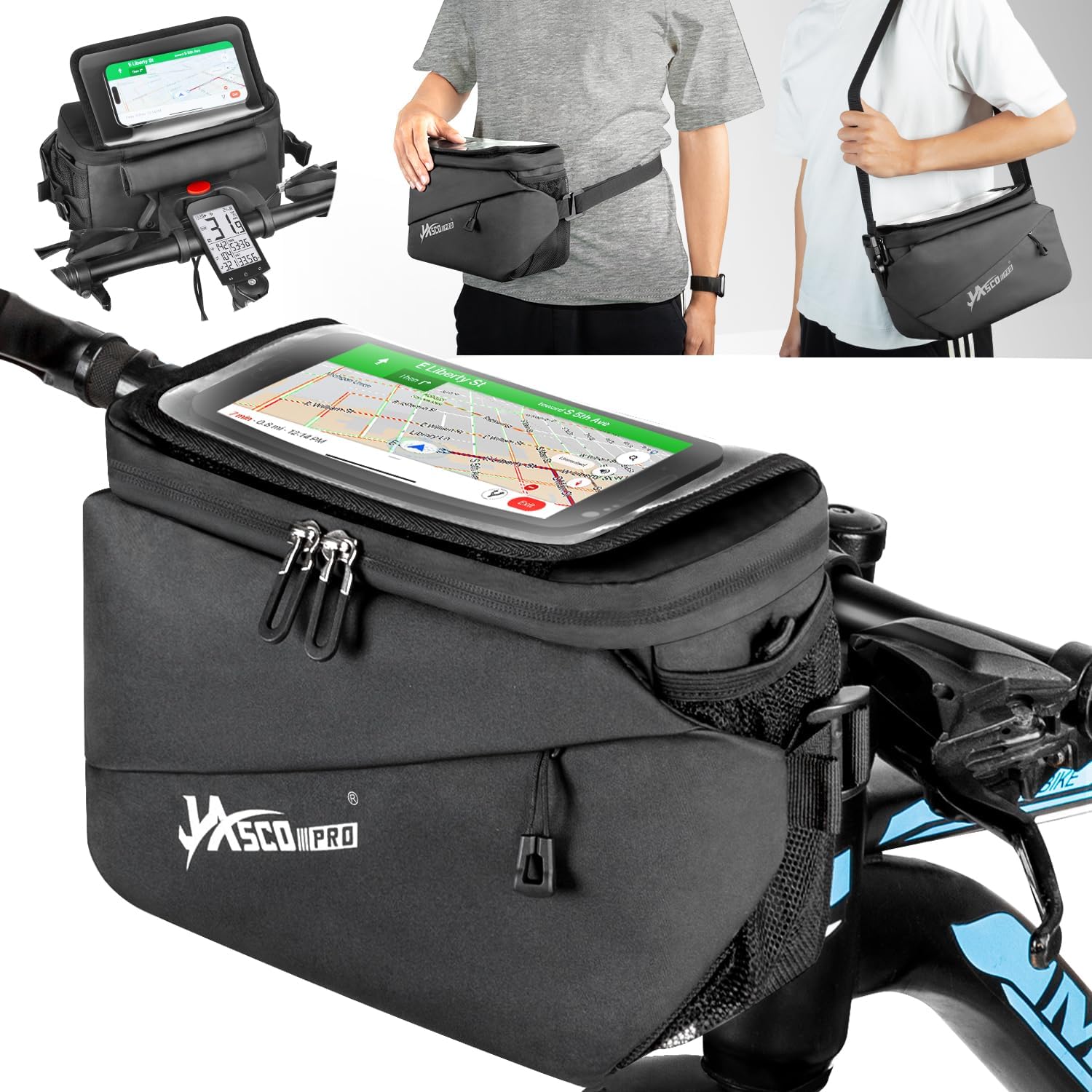 JASCOPRO 3 in 1 Waterproof Front Bag with Adapter, Handlebar Bike Handlebar Bag Mobile Phone Holder with Adjustable Touchscreen for Bike & E-Bikes