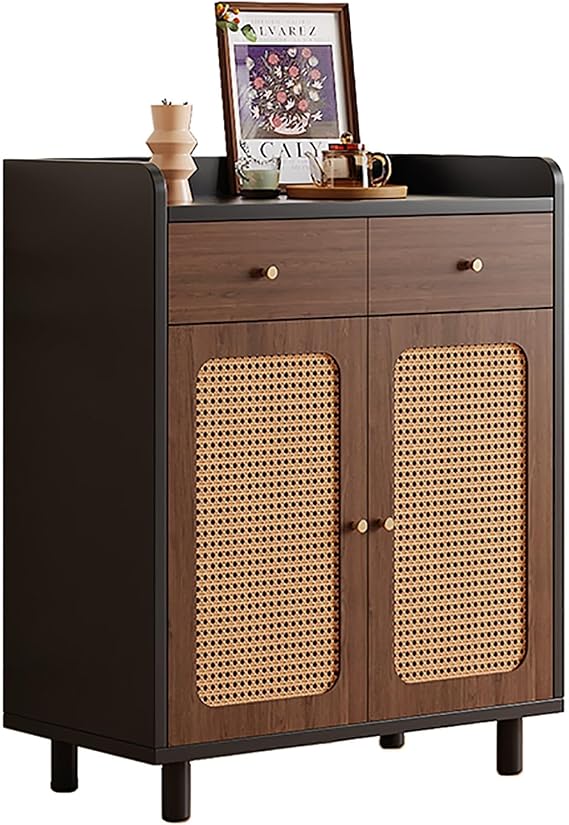 Rattan Buffet Cabinet, Storage Cabinet with Drawers, Wood Coffee Bar with Storage, Sideboard for Kitchen Living Room, Kitchen, Entryway; Media Console Table(B,60cm/23.62in)