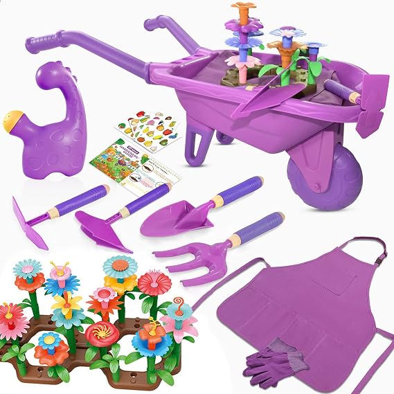 Qtioucp 16Pcs Kids Gardening Tools Outdoor Toys Set Backyard Play with 93 PCS DIY Flower Garden Building Preschool Activities (Purple)