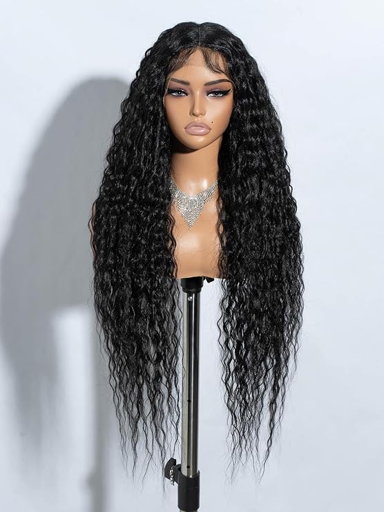 Joedir 32" Long Deep Curly Wavy Lace Front Synthetic Wigs HD Transparent Glueless Lace Wig Heat Resistant Fiber Pre Plucked Hairline with Baby Hair Wig for Women(Black Color)