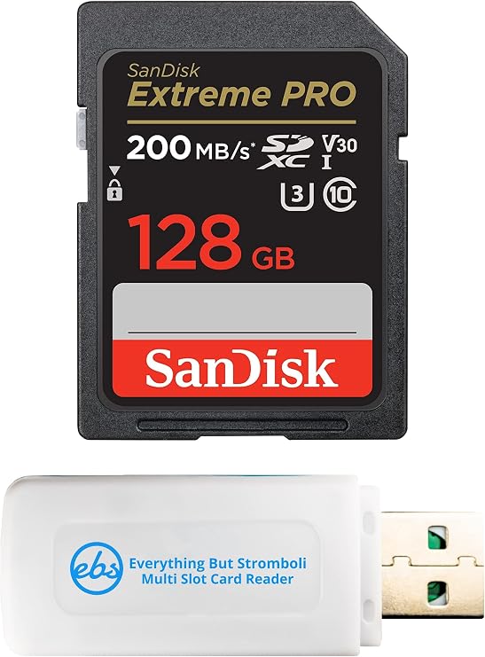 SanDisk 128GB Extreme Pro Memory Card works with Canon EOS Rebel T5, T6, T6i, T7i, EOS 5D Mark IV, 6D Mark II, 5D Mark III, DSLR Camera SDXC 4K V30 UHS-I with Everything But Stromboli Combo Reader