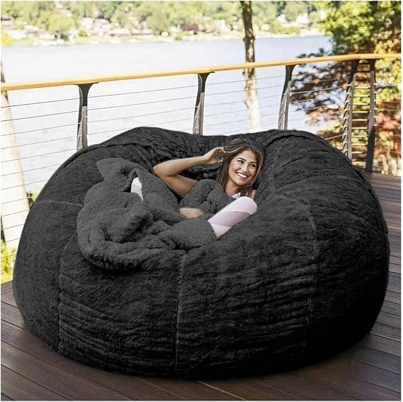 Bean Bag,Bean Bag Chair,(No Filler, Cover only) Ultra Soft Bean Bag Bed for Adults Big Round Soft Fluffy Faux Fur Bean Bag Lazy Sofa Bed Cover(Black,6FT)
