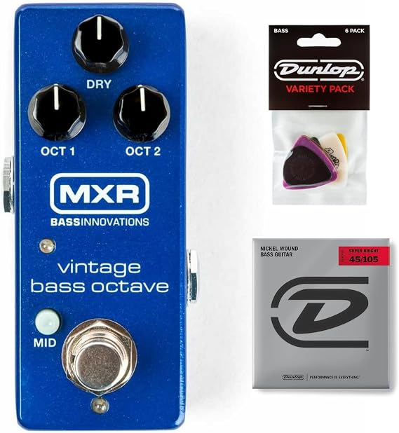 MXR M280 Vintage Bass Octave Effects Pedal Bundle with Dunlop Pick Pack and Super Bright Bass Strings, M280-PVP117-DBSBN