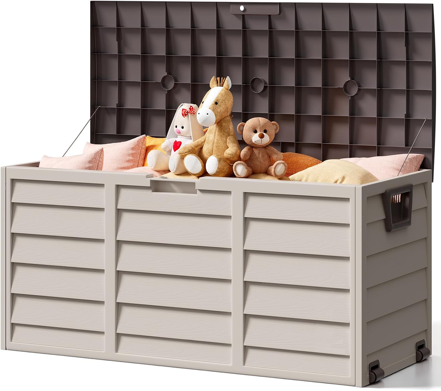 The Fellie Garden Storage Box with Wheels, 290L Lockable Garden Storage Boxes Waterproof, Plastic Outside Storage Box for Gardening Tools, Cushions, Toys, 112x49x54cm, Cream