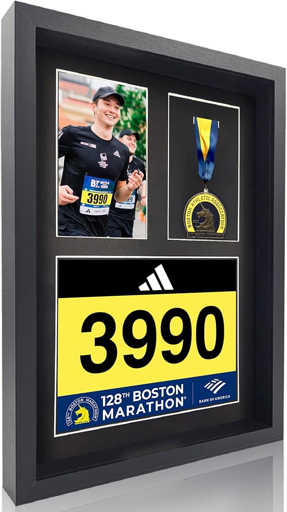 MedalAwardsRack 3 in 1 Shadow Box Display (Medal, Race Bibs, and Photo Display) Marathon Medal Display, Marathon Medal Frame, Triathlon and Running Bib Holder.