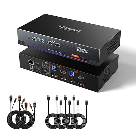 TESmart 4K@144Hz Displayport + HDMI KVM Switch 3 Monitors 2 Computers USB 3.0, HDMI 2.1&DP 1.4 KVM Switch Triple Monitors 8K@60Hz Gaming, Support EDID, Gigabit Network, VRR, All Input Cables Included