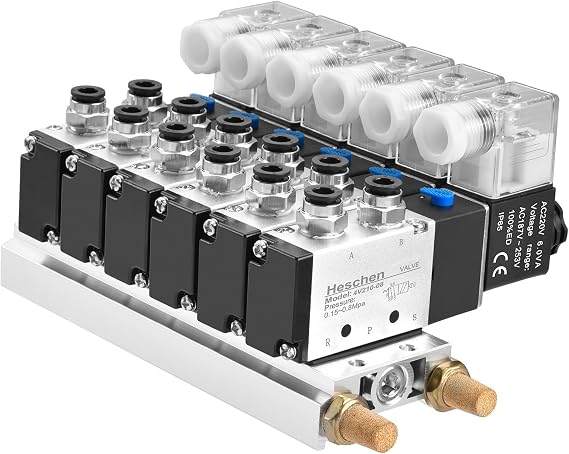 Heschen Electrical Pneumatic 6 Solenoid Valve, 4V210-08, AC220V Coil, PT1/4'' Port, 5 Way 2 Position, Manifold Base, Muffler, Quick Fittings Set