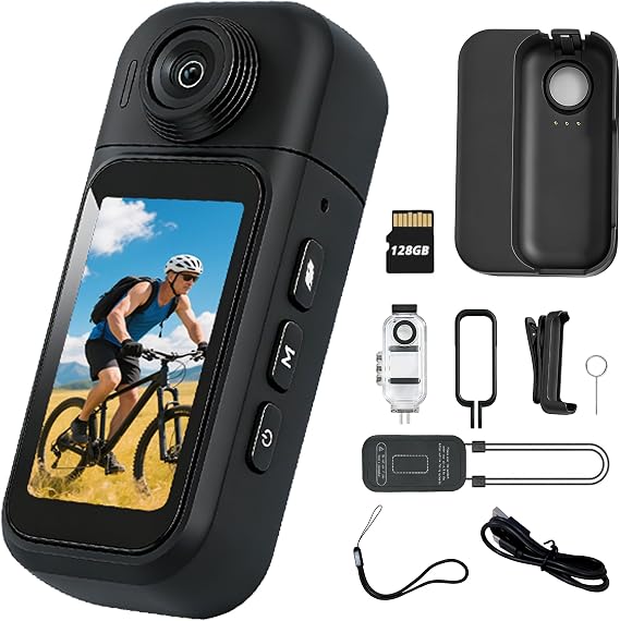dahocamgo 128G Thumb Action Camera, POV Camera Hands-Free Recording, Wearable Body Camera, Portable Vlogging Helmet Cam for Cycling, Motorcycle, Traveling, Tiny Size with 180 Rotating Lens (Black)