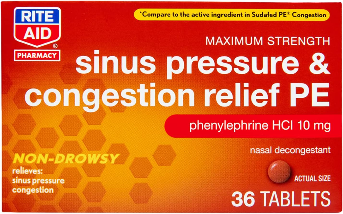 Rite Aid Sinus Pressure and Congestion Non-Drowsy Relief PE, 10mg - 36 Tablets Nasal Decongestant | Sinus Relief | Allergy Medication Non Drowsy | Allergy Relief | Sinus Pressure Relief | Mucus Relief