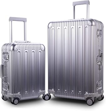 TRAVELKING Multi-Size All Aluminum Hard Shell Luggage Case Carry On Spinner Suitcase 20"-28", Silver, Set