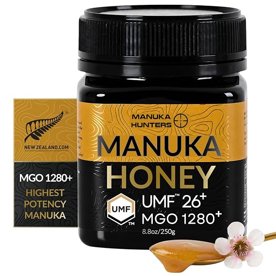 Manuka Hunters UMF 26+/MGO 1280+ Certified New Zealand Manuka Honey - 100% Pure Natural Sweetener - Gluten, Dairy Free - Ideal for Tea, Coffee, Smoothies, and Baking - Sustainable - 8.8oz/250g Jar