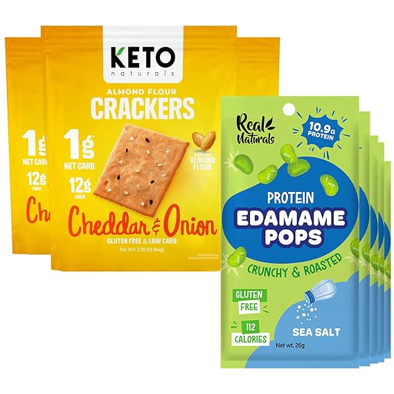 Keto Crackers (Cheddar and Onion) and Edamame Beans snack (10 Pack sea salt) High protein, Low carb, gluten free healthy snacks