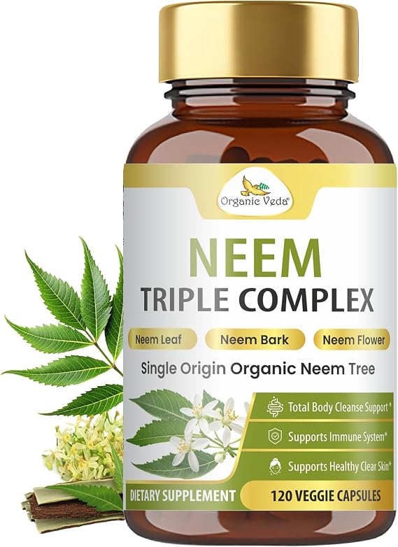 Organic Veda Neem Capsules Triple Complex Neem Leaf, Bark & Flower Extracts - Herbal Supplement for Acne, Cleanse & Clear Skin Health - Boost Immune, Gut Health for Women & Men - 120 Vegan Capsules