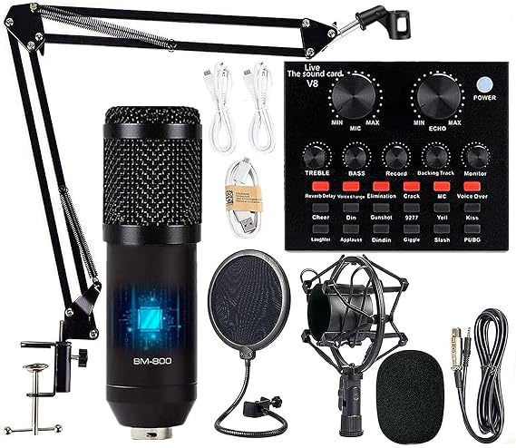 Podcast Equipment Bundle, BM-800 Mic Kit with Live Sound Card, Adjustable Mic Suspension Scissor Arm, Metal Shock Mount and Double-Layer Pop Filter for Studio Recording & Broadcasting (CF200-Black)