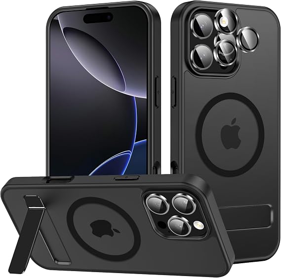 LEKEVO Stand for iPhone 16 Pro Magnetic Case, Compatible with MagSafe, Built-in Kickstand, Camera Lens Protector, Translucent Matte Slim Silicone Shockproof Hard Back Phone Cover, Black