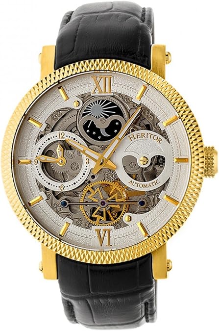 HERITOR Aries Automatic Watch for Men 43mm Men's Skeleton Watch with Jeweled Automatic Movement, Moon Phase, Dual Time Zone, Stainless Steel Bracelet, Sapphire-Coated Mineral Crystal (HERHR4401)