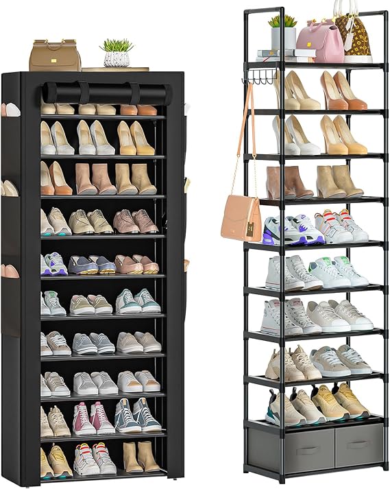 dustproof fabric shoe cabinet and 10 tier metal shoe rack with hook and bins