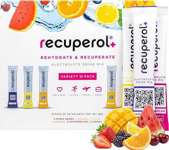 Recuperol - Rehydration Electrolyte Sachets - Variety 12 Pack - 6 Natural Flavours for Recovery - Hydration Powder with Zinc, Vitamin C, B12, D3 & Potassium - Sugar Free, Vegan & Low Calorie