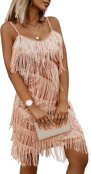 miduo Womens Sequin Tassel Fringe Party Dress Sleeveless Spaghetti Straps Flapper Dresses Cocktail Mini Dresses
