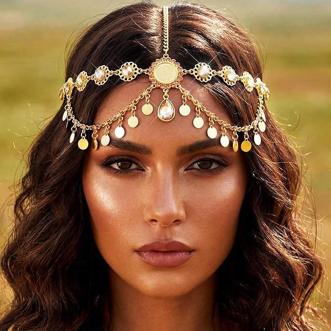 GORAIS Boho Head Chain Gold Egyptian Headpiece Sequin Headband Accessories for Women