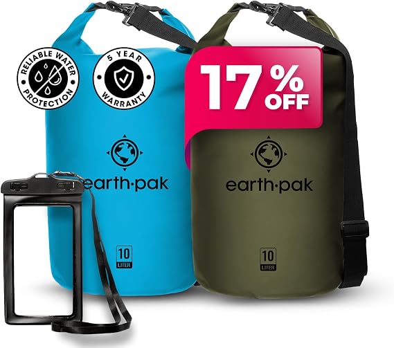 Earth Pak Waterproof Dry Bag - Roll Top Waterproof Backpack Sack Keeps Gear Dry for Kayaking, Beach, Rafting, Boating, Hiking, Camping and Fishing with Waterproof Phone Case