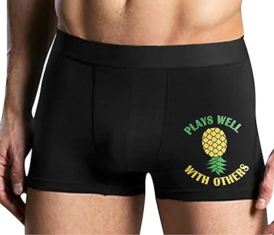 Knaughty Knickers Plays Well With Others Pineapple Swinger Lifestyle Hotwife Black Mens Boxer Brief Adult Fun Design
