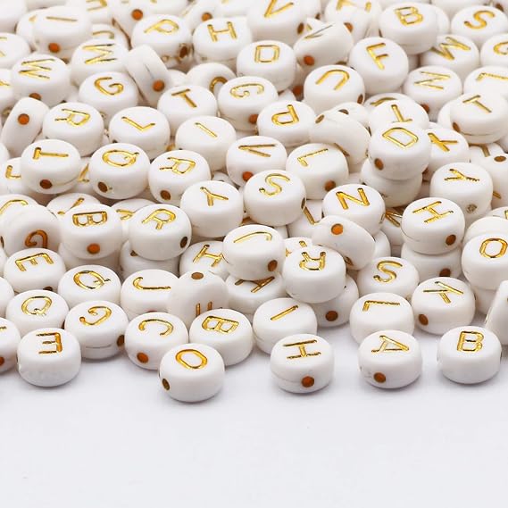 DAHI 1000pcs Gold Acrylic Letter Beads,Round Letter Beads Threading Spacer Alphabet Bead, 26 Style A-Z Alphabet Acrylic Bead Kits for Bracelets Making (rund Gold-White-4 * 7)
