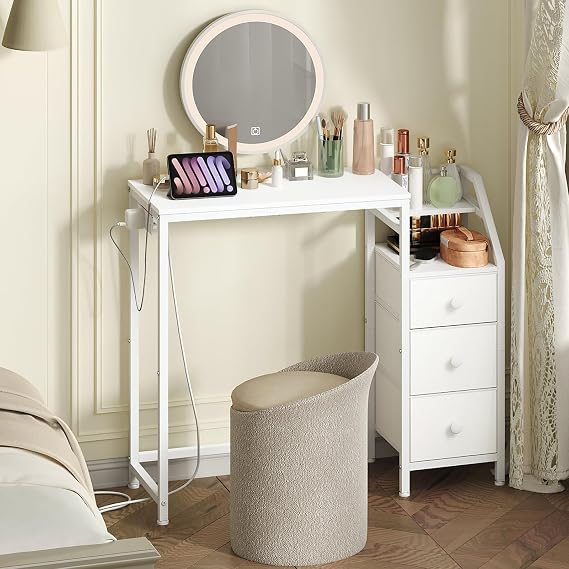 YATINEY Small Vanity Desk Without Mirror, Makeup Vanity Table with Power Outlet, White Vanity with Fabric Drawers, Dressing Table, for Small Spaces, Bedroom, White
