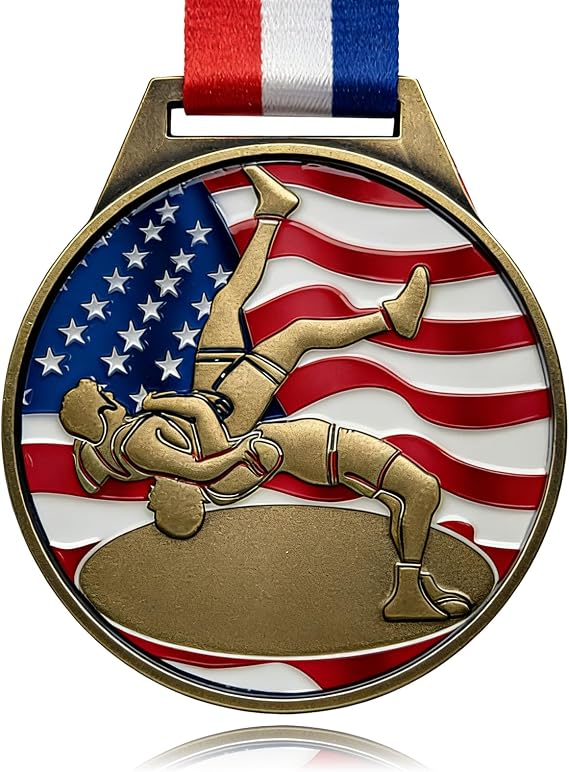 Patriotic Wrestling Medal, Gold - 1st Place - 3 Inch Zinc Alloy American Flag Wrestling Medal - Prestigious Award for Wrestling Tournaments, Competitions & Athletes