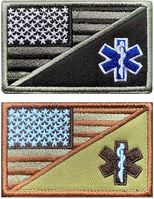 Antrix 2 Pieces FlagEMS EMT Star of Life Medical Paramedic Medic Patches Tactical Embroidered Fastener Badge Emblem Applique Hook & Loop PatchesBlack & Tan