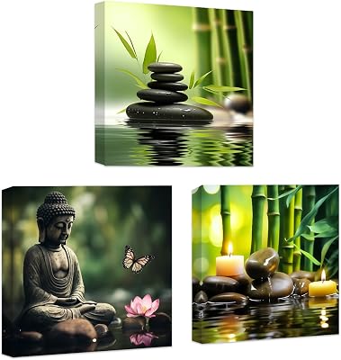 CCWACPP Zen Canvas Wall Art 3 Piece Bamboo Spa Pictures Zen Stones Candles Painting Buddha Print Bathroom Beauty Treatment Meditation Room Decor Framed 12x12x3