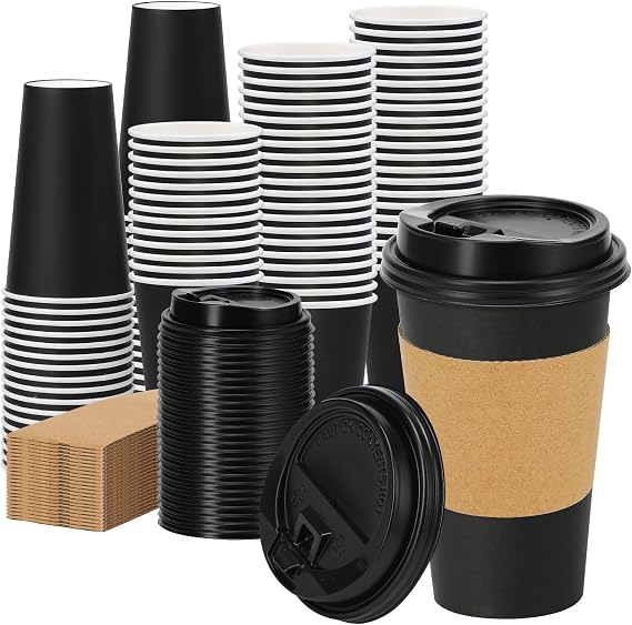 Lamosi 100 Pack 16 oz Disposable Coffee Cups With Lids and Sleeves