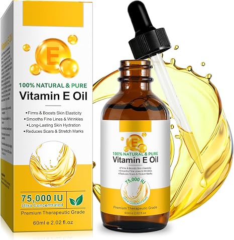 Organic Vitamin E Oil for Cosmetics - 75000 IU Ultra Concentrated 100% Natural &amp; Pure Vitamin E Oil Long-Lasting Skin Hydration &amp; Reduces Scars &amp; Stretch Marks Vitamin E Oil Hexane-Free Non-GMO 2 fl oz