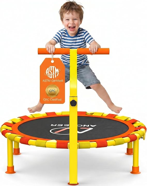 ANCHEER 38" Toddler Trampoline for Kids, ASTM Certified Foldable Mini Trampoline with Adjustable Foam Handle, Indoor & Outdoor Kids Trampoline, Quiet Design, 200 LBS Capacity, Easy Assembly