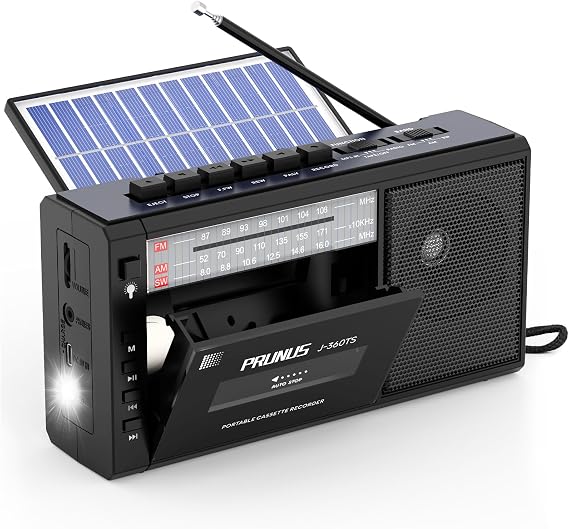 PRUNUS J-360 Cassette Tape Player Boombox with Solar,AM FM Portable Radio | Rechargeable Battery Operated,Bluetooth Tape Player Recorder,AUX/TF/USB Drive, Headphone Jack,Tape Recorder Cassette Player