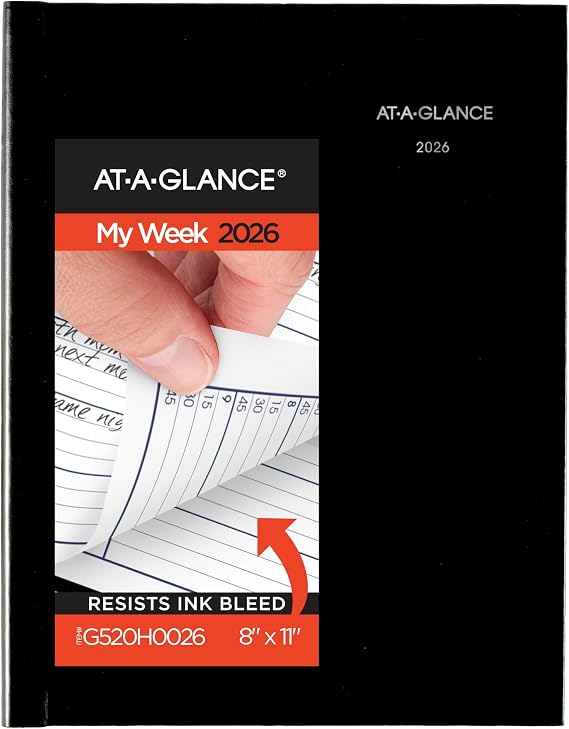 AT-A-GLANCE 2026 Appointment Book Planner, Weekly, 8" x 11", Large, Quarter-Hourly, Hardcover, DayMinder, Black (G520H0026)