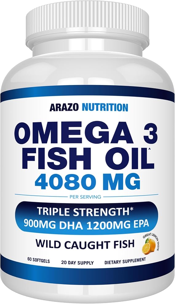Arazo Nutrition Wild Caught Omega-3 Fish Oil Concentrate 4,080mg per Serving High EPA 1200mg & DHA 900mg 60 Burpless Lemon Softgels