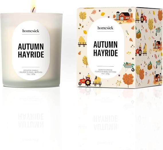 Homesick Autumn Hayride Scented Candle 13 oz Soy Wax Candle with Organic Cotton Wick, 6080 Hour Burn, Cozy Apple Cinnamon Vanilla Scent, Reusable Glass Jar, Wedding & Engagement Gifts for Couples