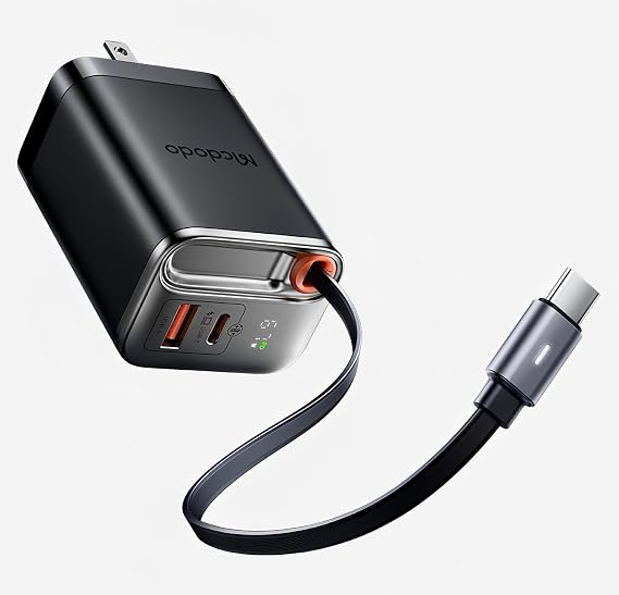 Mcdodo 67W USB C Charger Block with Retractable Type-C Cable, Dual Port (USB A+C) Foldable Wall Charger GaN Fast Charging Bolck Fit iPhone 16 15 Pro/ProMax/Plus, Galaxy, iPad, MacBook (Black)