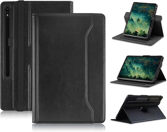 360° Rotation Case Compatible with Samsung Galaxy Tab S9 Plus/S9 FE Plus /S8 Plus /S7 FE 5G / S7 Plus 12.4inch Protective Cover with Hand Strap and Automatic Wake/Sleep,Black