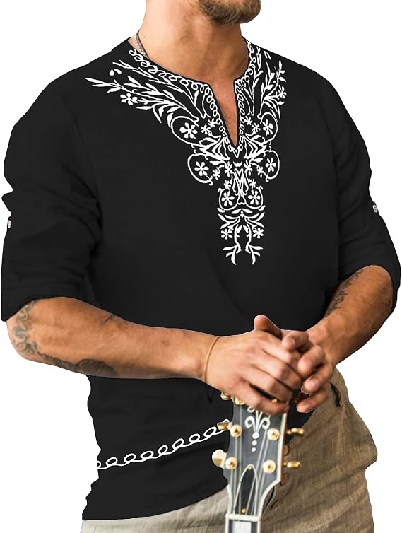 JoZorro Mens Polyester Linen V Neck Henley Shirt Long Sleeve Caftan Handmade Tunic Embroidered Casual Beach T Shirts