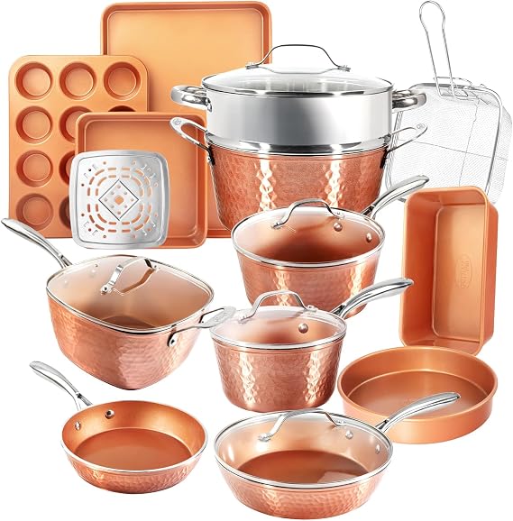 Gotham Steel Hammered 24 Pc Ceramic Cookware Set Nonstick, Induction Ceramic Pots and Pans Set Non Stick with Deep Square Pan Set & Bakeware Set, Non Toxic PFOA PFOS Free, Oven & Dishwasher Safe