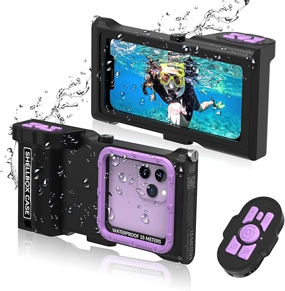 ShellBox Case Diving Case 3rd Gen for Samsung Galaxy/iPhone Series, Universal Phones [4.9-6.9 Inch], Snorkeling 15m/50ft,with Compass,Bluetooth-Controlled(Black-Purple)