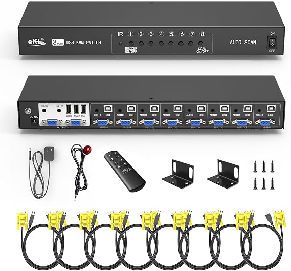 eKL VGA KVM Switch 8 Port in 2 Out Switcher 8x2 Supports Basic Keyboard and Mouse Audio USB 2.0 Devices Sharing 8 Computers