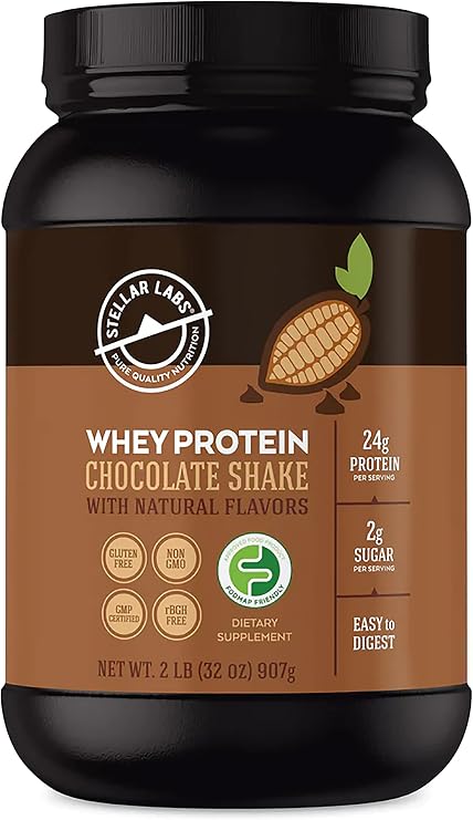 Stellar Labs Whey Protein Powder with BCAA's & Whey Isolate | Certified Low FODMAP, Non GMO, Gluten Free, Soy Free, Low Carb, Keto, with Stevia | All Natural Lean Post Workout Shakes | Chocolate