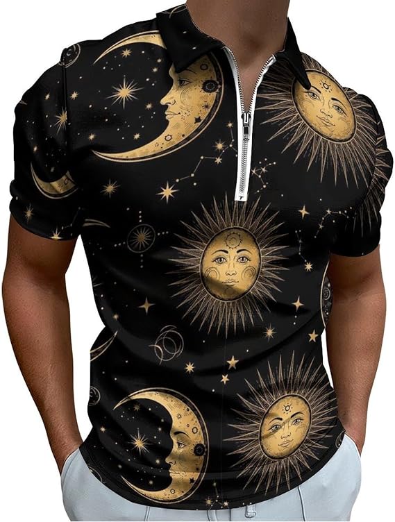 Mens Polo Shirts Casual Short Sleeve Zipper Down Polo Shirt Classic Golf Shirts