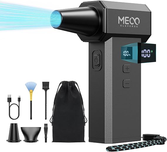 MECO ELEVERDE Electric Air Duster, 220,000 RPM-One Touch Turbo Fan, Stepless Speed Adjustable(1% Precision Control) Dual Display, 2H Max Runtime, Mini Air Blower for Car,PC, Electronics, Keyboards