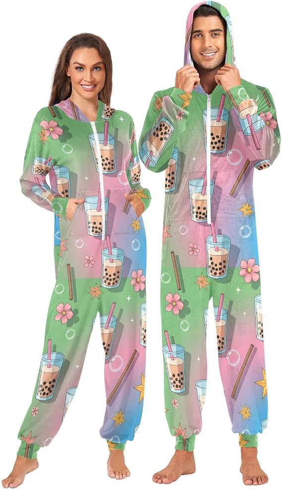 Adult Onesie Pajamas for Women Men Bubble Tea Cups Flowers Stars Costume Hooded Sleepwear Homewear