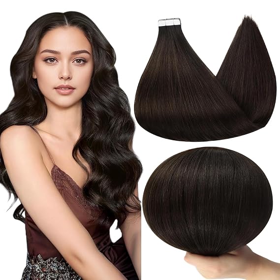 Full Shine Tape in Hair Extensions,Color 2 Darkest Brown,18 Inch and 10 Inch,Invisible Tape ins Remy Brazilian Hair Extension