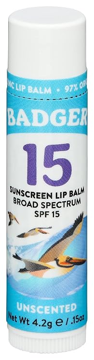 Badger Sunscreen Lip Balm SPF 15, Organic Mineral Sunscreen SPF Lip Balm with Zinc Oxide, Reef Friendly, Broad Spectrum, Water Resistant, Unscented, .15 oz